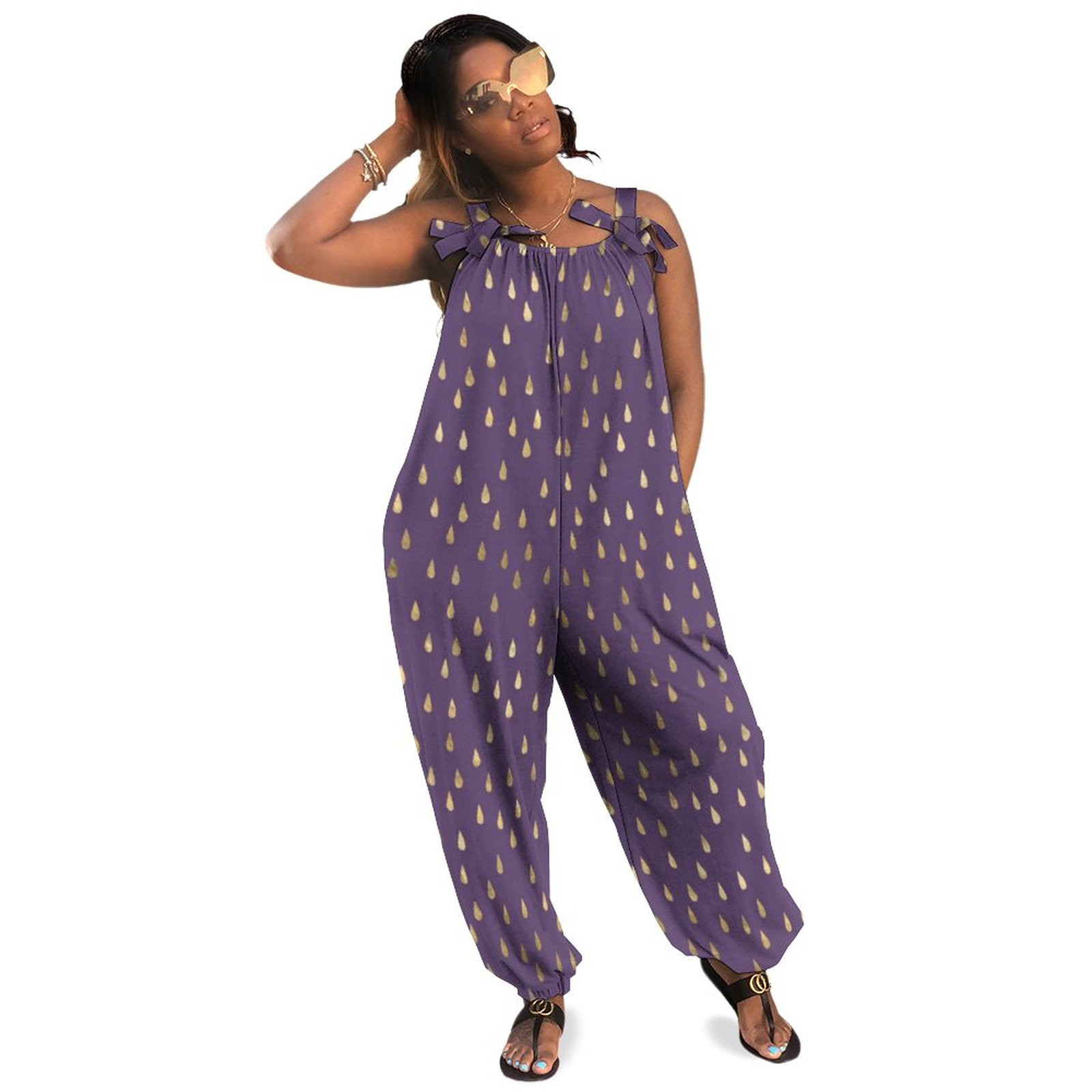 Purple Gold Raindrop Modern Trendy Yoga Boho Vintage Loose Overall Corset Jumpsuit Without Top