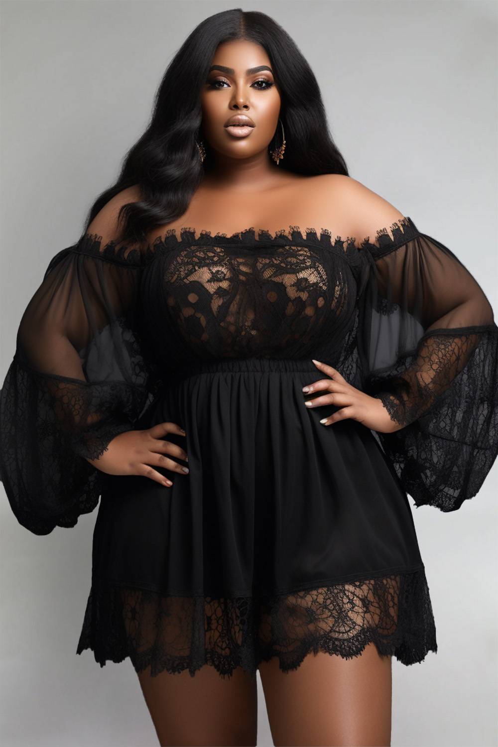 Design Plus Size Party Mini Dresses Black Fall Winter Off The Shoulder Lantern Sleeve Long Sleeve See Through Lace Mini Dresses [Pre-Order]