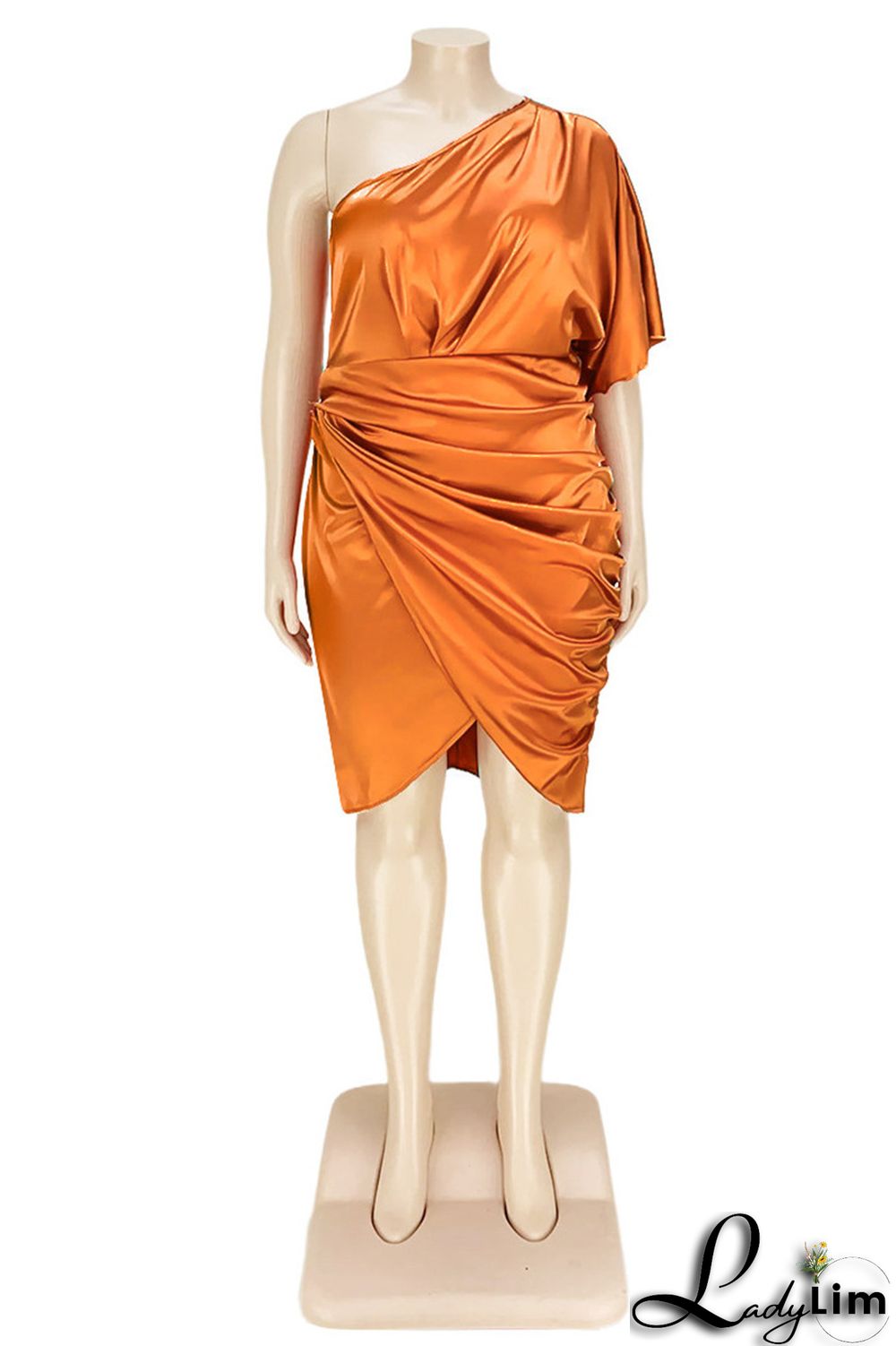 Ink Green Fashion Plus Size Solid Split Joint Backless Fold Oblique Collar Irregular Dress