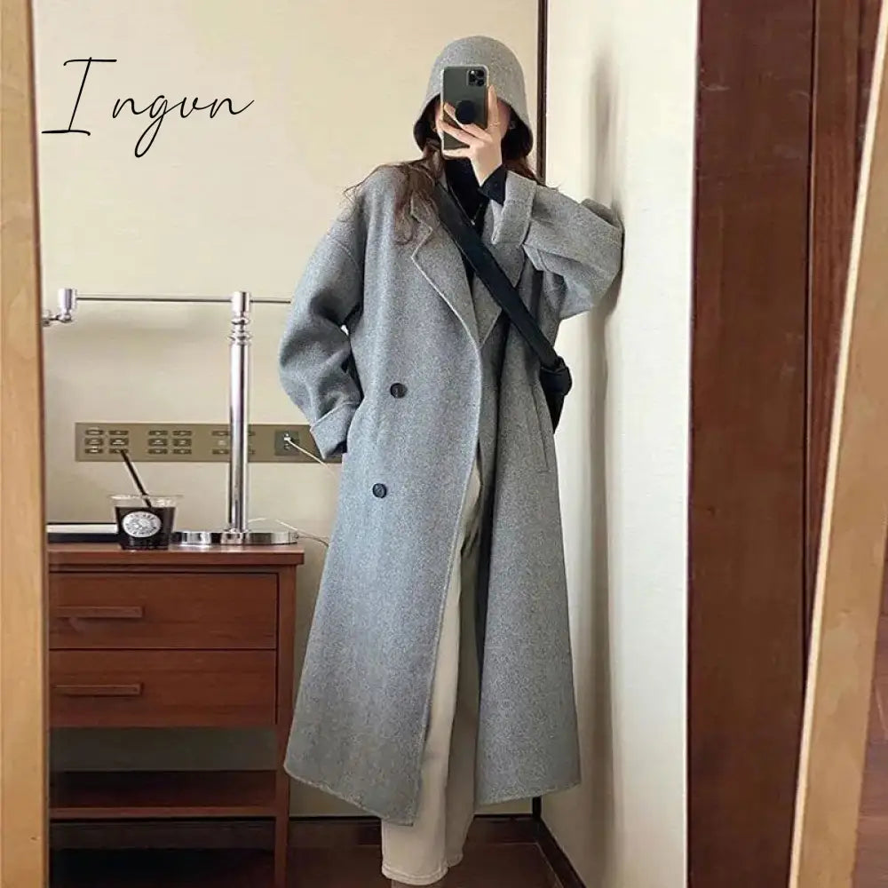 Ingvn - Elegant Women Double Breasted Loose Woolen Coat Lapel Collar Long Sleeve Casual Solid