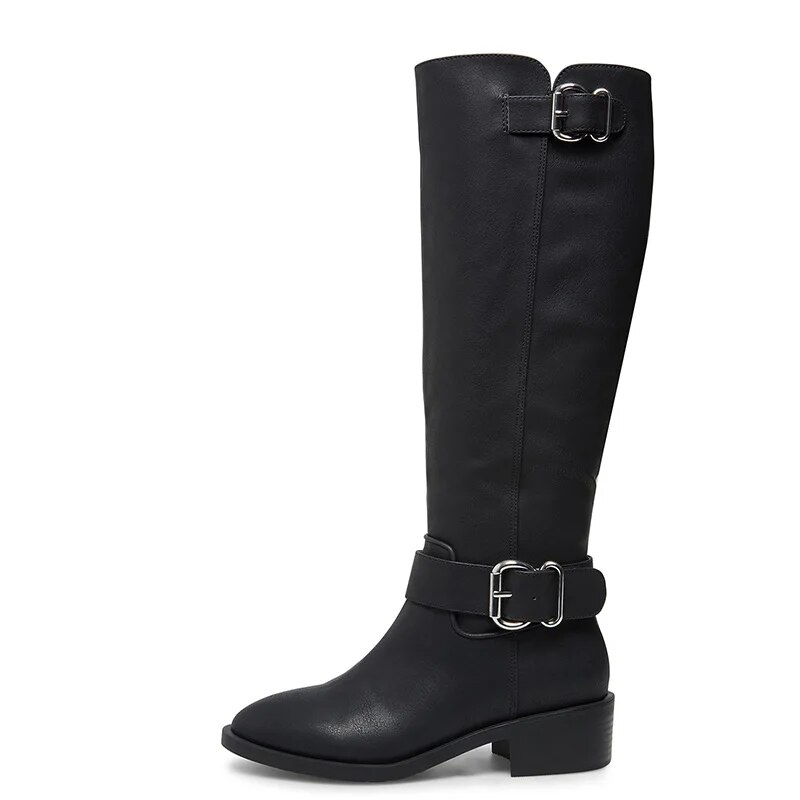 TAAFO Black Knee Long Boots Med Chunky Heels Women Almond Toe Zipper Ladies Buckle Strap Shoes 