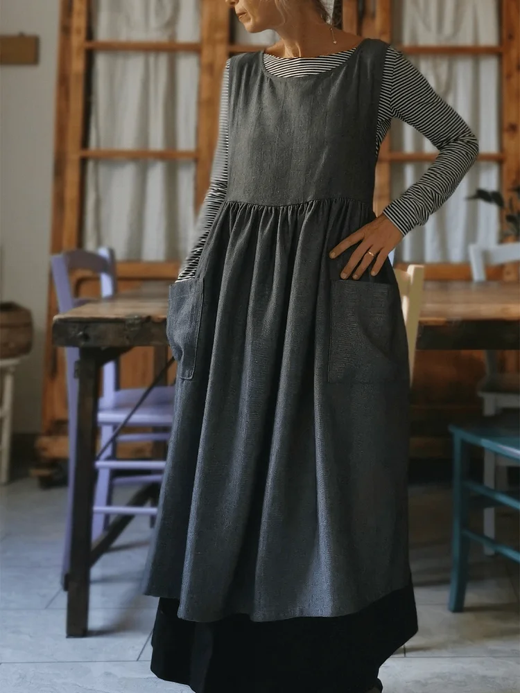 Grey Herringbone Linen Apron with Pockets