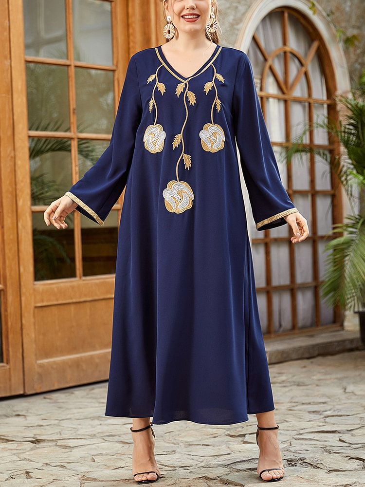 Blue v-necked embroidery dress