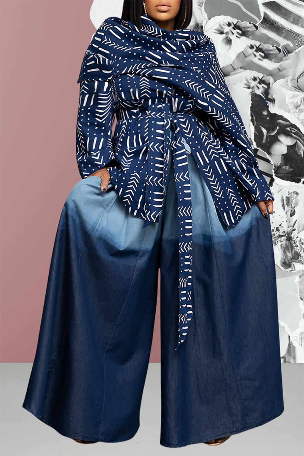 Plus Size Daily Blue Gradient Fall Winter Wide Leg Denim Pants [Pre-Order]