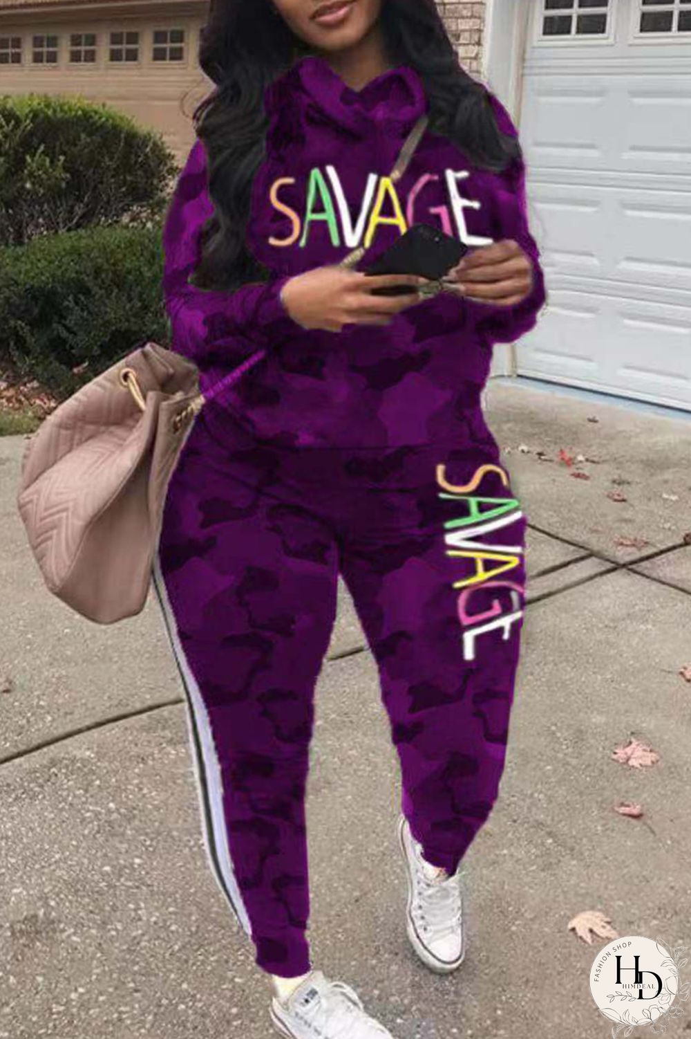 Camouflage Fashion Casual Letter Camouflage Print Basic Hooded Collar Plus Size Two Pieces