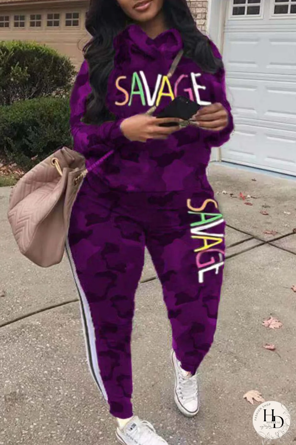 Camouflage Fashion Casual Letter Camouflage Print Basic Hooded Collar Plus Size Two Pieces