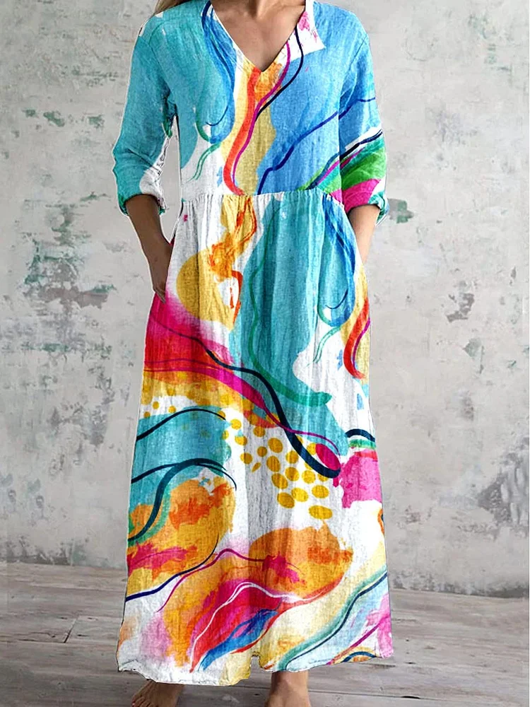 Women's Art Splash Art Print V-neck Cotton And Linen Dress