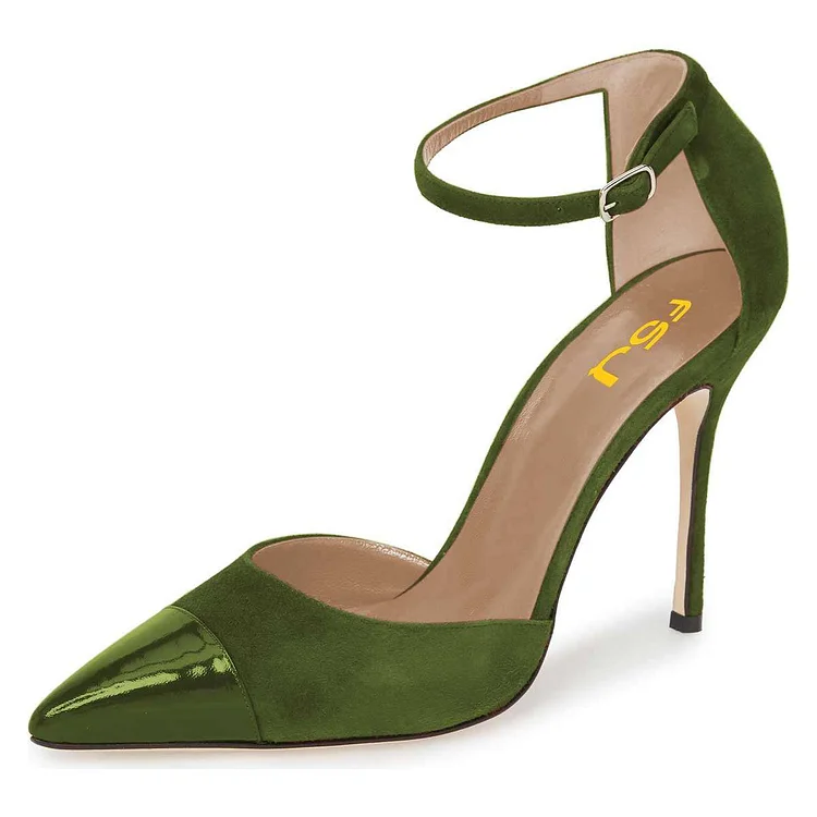 Green Ankle Strap Heels Vegan Suede Pointy Toe Stiletto Pumps Shoes |FSJ Shoes