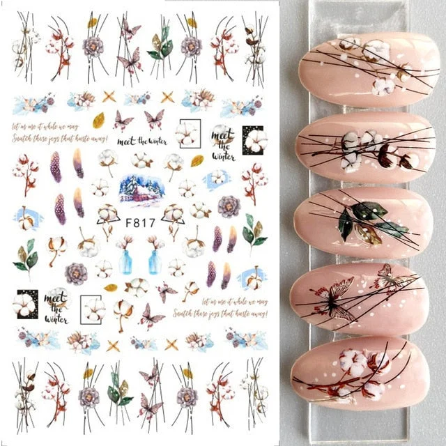 Nail Stickers Back Glue Autumn Winter Landscape Lines Flowers Birds Butterflies Designs Ins Nail Decal Decoration Beauty Salons