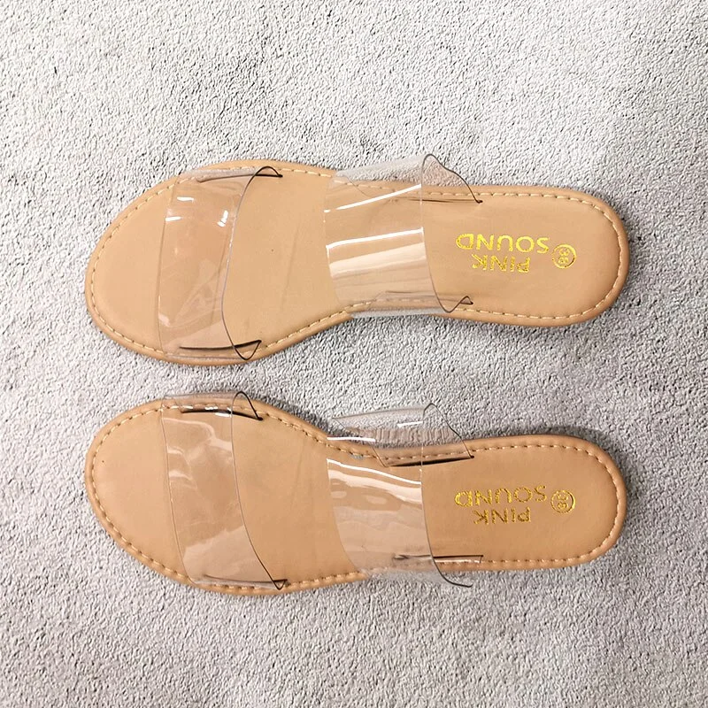 Qengg Fashion PVC Transparent Women Slippers Flat with Beach Comfort Slides Summer Ladies Slipper Wholesale Large Size 41 42