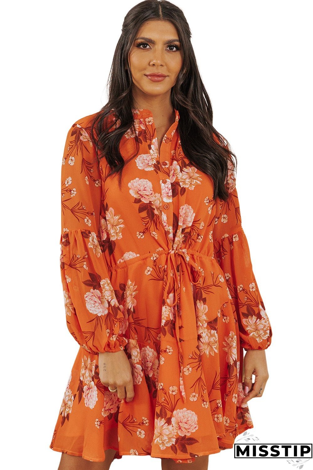 Vintage Floral Print Drawstring Flowy Dress