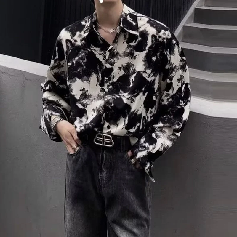 Aonga Autumn Outfits    Y2K Mens Shirt Streetwear Fall Long Sleeve Button Turn-down Collar Casual Shirts Fashion Graphic Print Loose Shirt For Men Tops