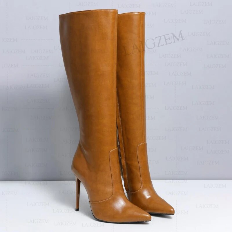 VCSHOES Women Knee High Boots Full Zip Up Thin High Heels Faux Leather Tall Boots Ladies Shoes Woman Big Size 39 42 43 45 47