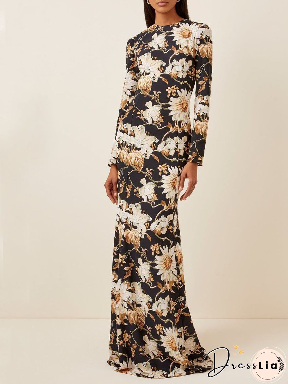 Slim Black Silky Flower Printed Straight Full Length Dress