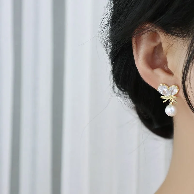 Charming Crystal Bowknot Heart Dangle Pearl Earrings