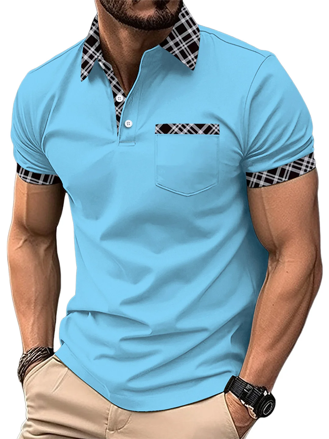 Men's casual pocket lapel color block polo shirt