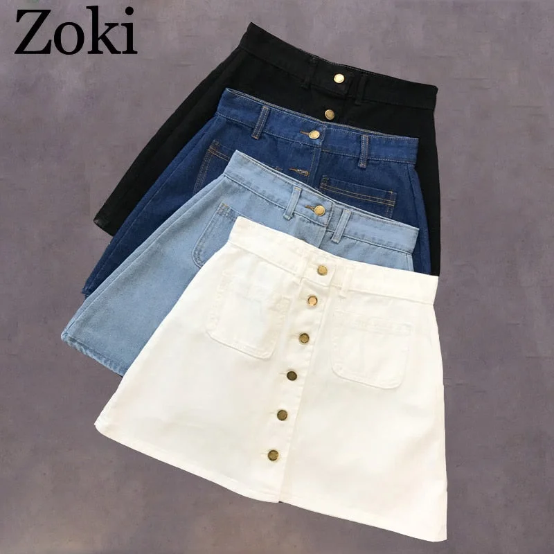 Zoki Vintage Women Denim Mini Skirt Summer High Waist A-line Korean Single Button Female Jeans Harajuku Cotton Street Wear 2020