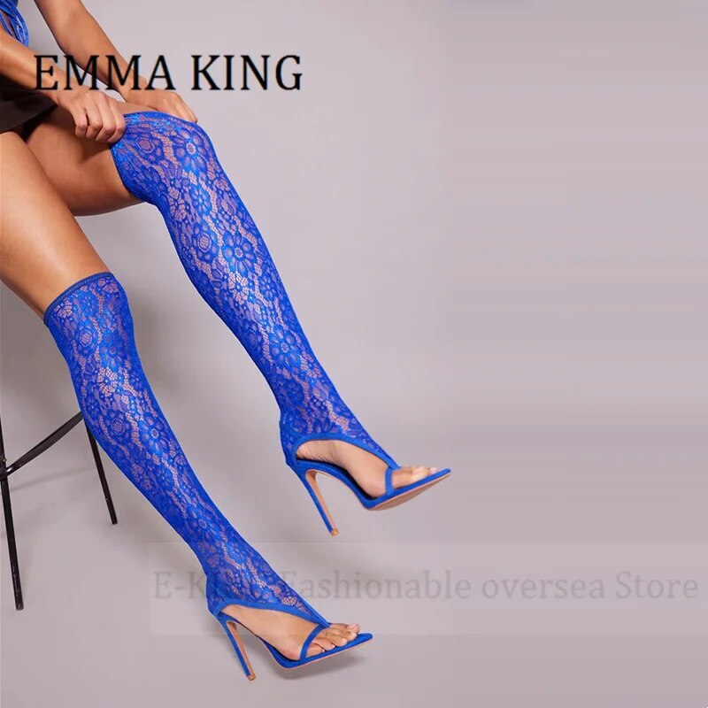 VCSHOES Women Lace Thigh High Boots Ladies Pointed Toe Pull On Sock Boots Stiletto Heels Women Party Shoes Over The Knee Boots