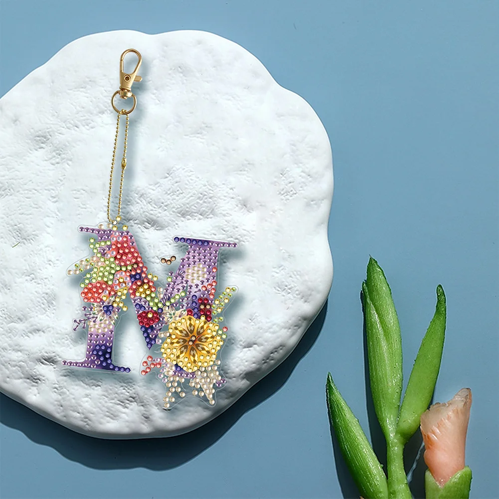 DIY M Diamond Art Key Rings Lettter Keychain Supplies Gift for Kids(Double Sided)