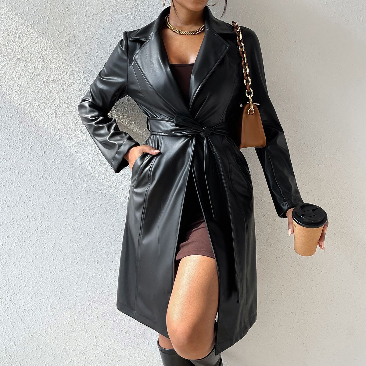 Mature Women Long Sleeve Lapel PU Leather Jacket With Pockets Slim Fit Long Trench Coat
