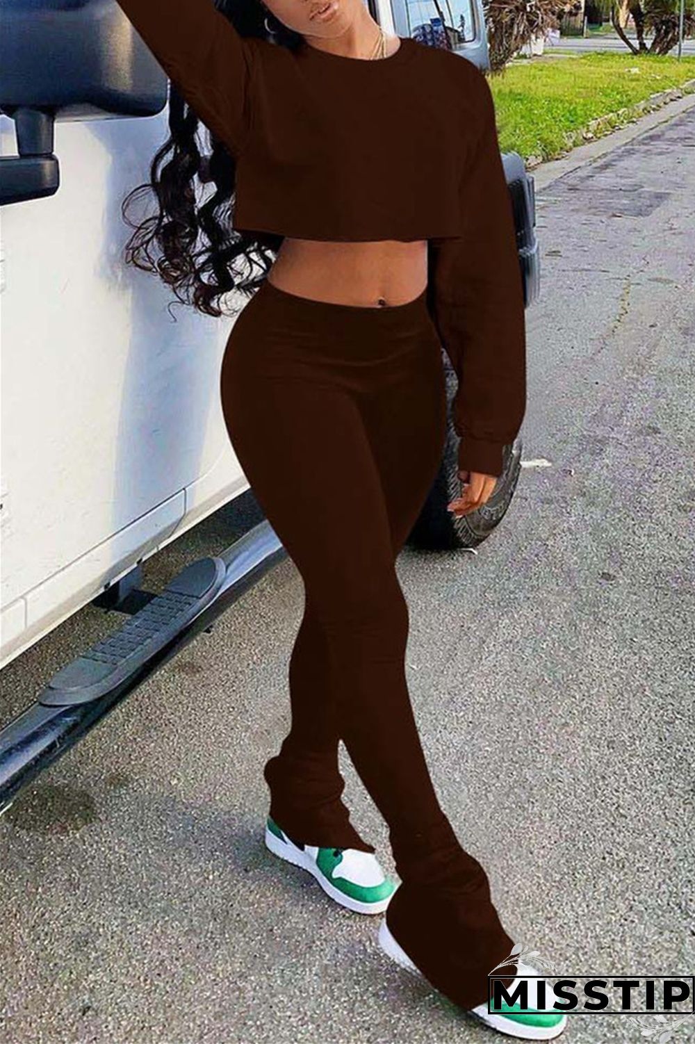 Coffee Fashion Casual Solid Backless O Neck Long Sleeve Two Pieces