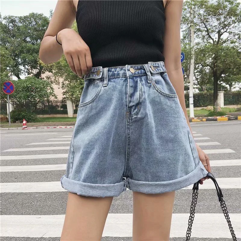 Nncharge Summer Vintage Women High Waist Button Blue Denim Shorts Casual Female Solid Color Wide Leg Loose Gray Jeans Shorts