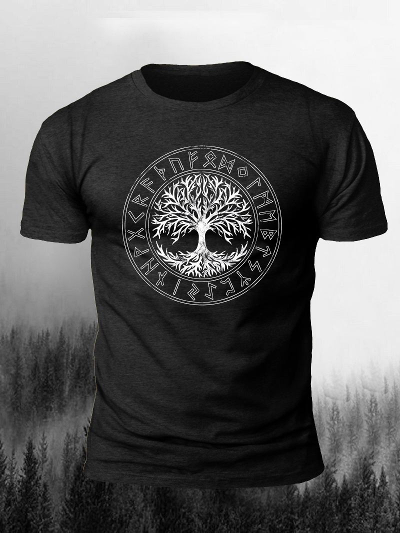 Yggdrasil Tree of Life with Norse Rune Print Short Sleeve T-Shirt