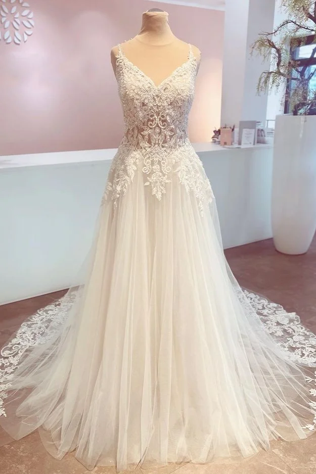 Spaghetti-Straps Backless A-Line Train Wedding Dress With Appliques Lace