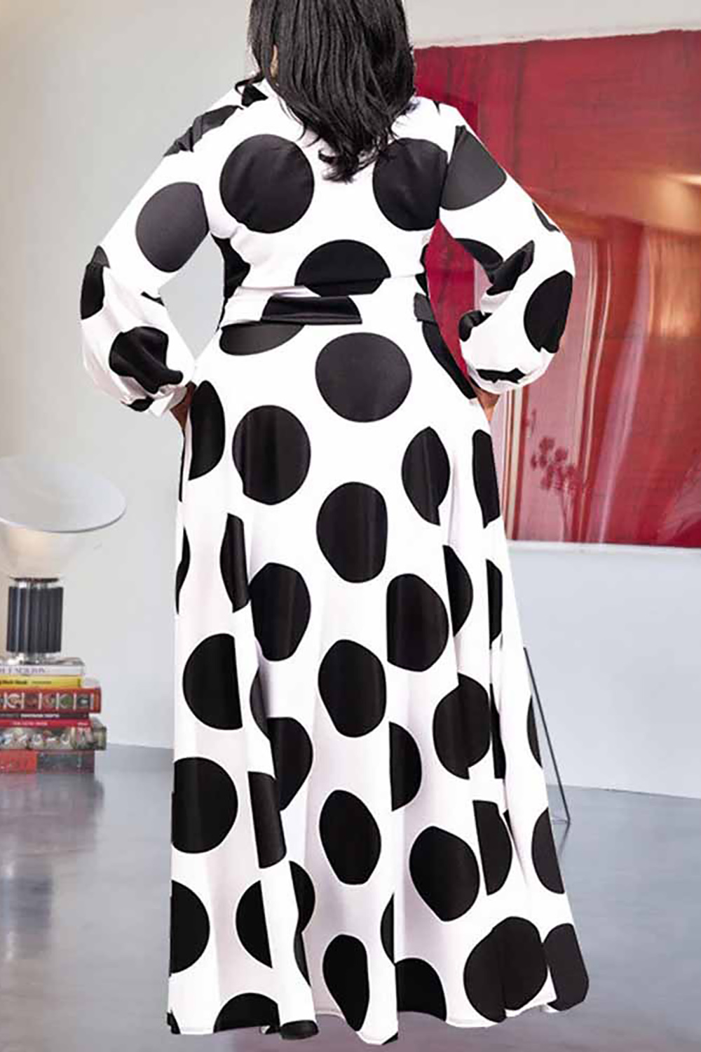 Plus Size Semi Formal Maxi Dresses Casual White Polka Dot Spring Summer Long Sleeve Knitted Maxi Dresses