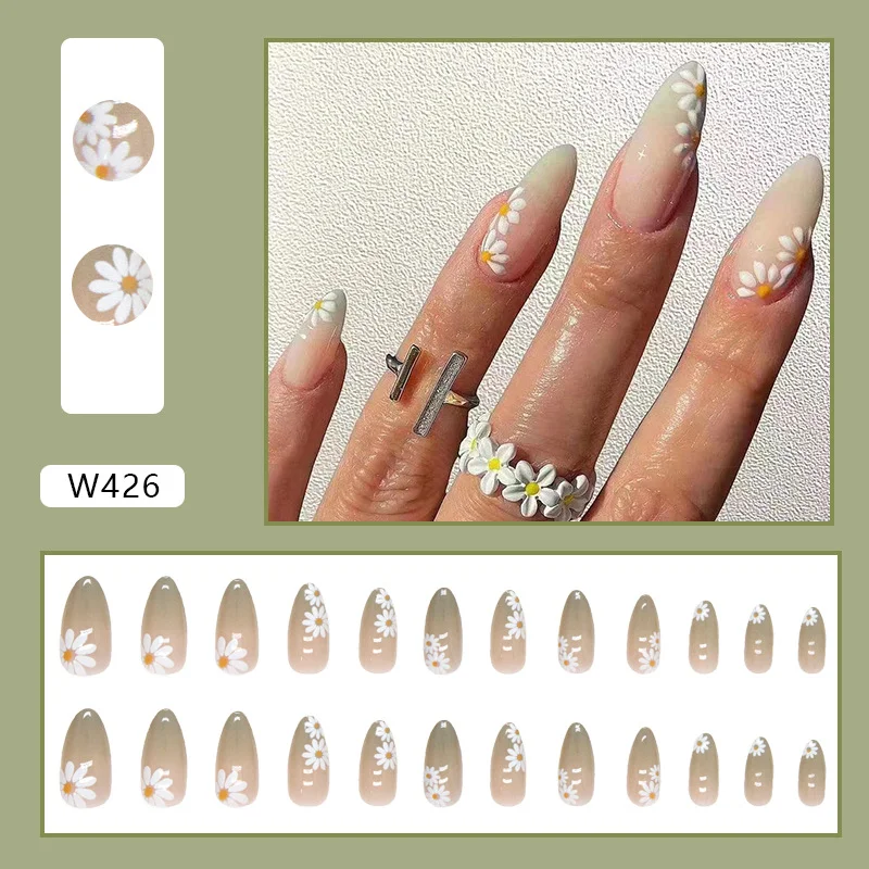 Churchf Churchf And Fresh Contracted Gradual Change Green Almond Nail Lovely Flower Flower Spring And Summer New United States Nail Piece Sweet Girl False Nail