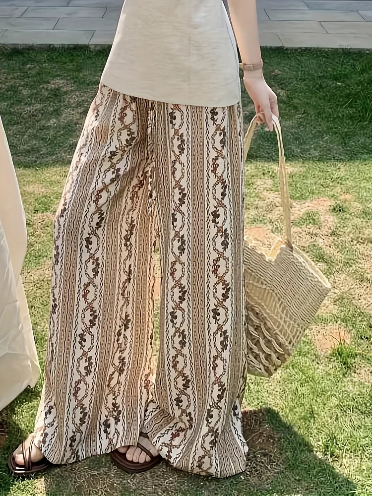 Women's Boho Chic Wide-Leg Pants - Geometric Print, Loose Fit, High-Waisted Vacation Style For Spring/Summer/Fall, Beige & Brown Design, Perfect For Beach Or Casual Outings, Summer Trousers, Intricate Print Design