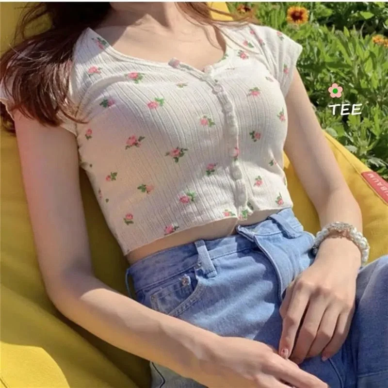 Korean Style Sexy Floral Print Crop Tops Women Harajuku O-neck Short Sleeve T-shirts Shirt Vintage Bf Clothing Tee