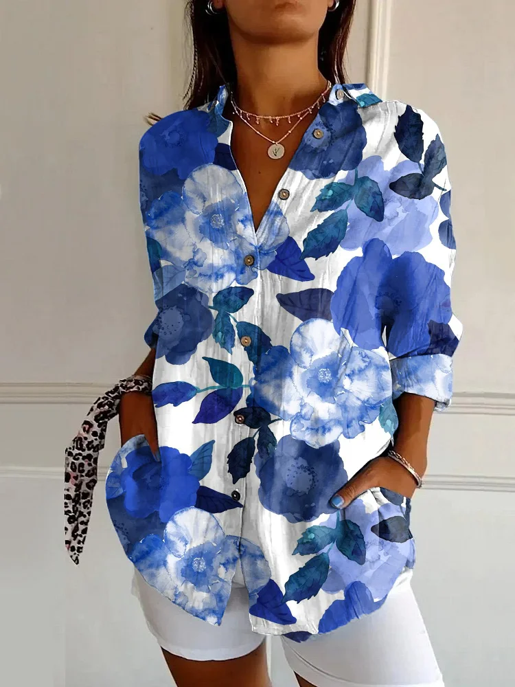 Elegant Flower Print Casual Long-sleeved Shirt