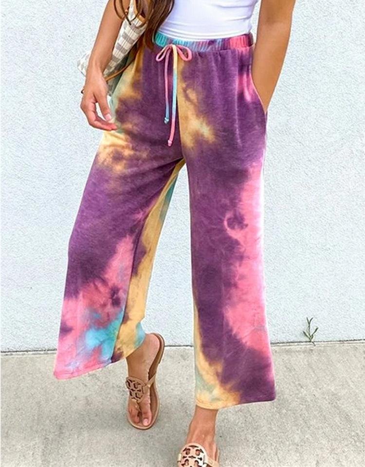 Tie-dye Lace-up Casual Cropped Flared Pants-Mayoulove