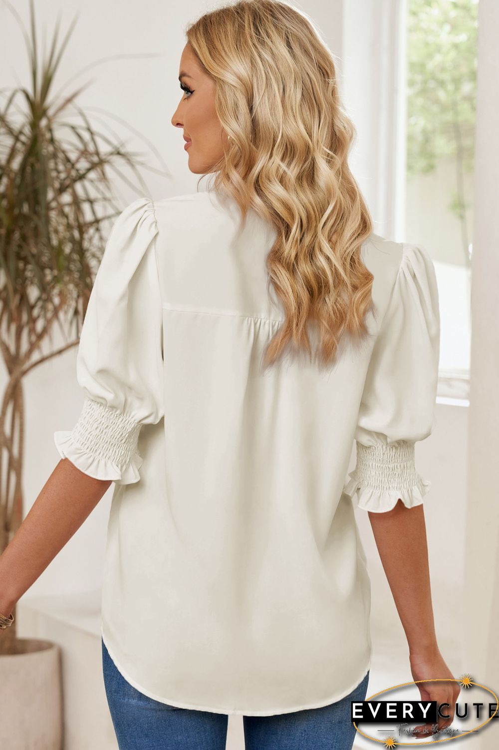 Apricot Solid Color Half Sleeve V Neck Blouse