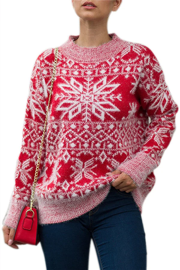 Christmas Snowflake Knitted Sweater Red-elleschic