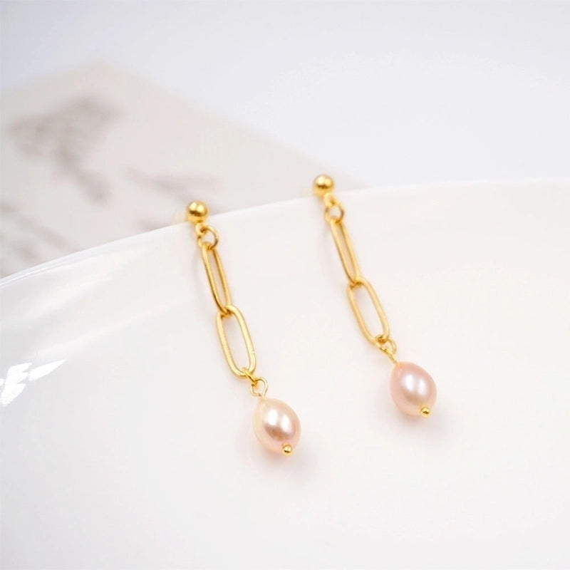 1 Pair Casual Vintage Style Minimalist Geometric Handmade Freshwater Pearl Titanium Steel Gold Plated Drop Earrings