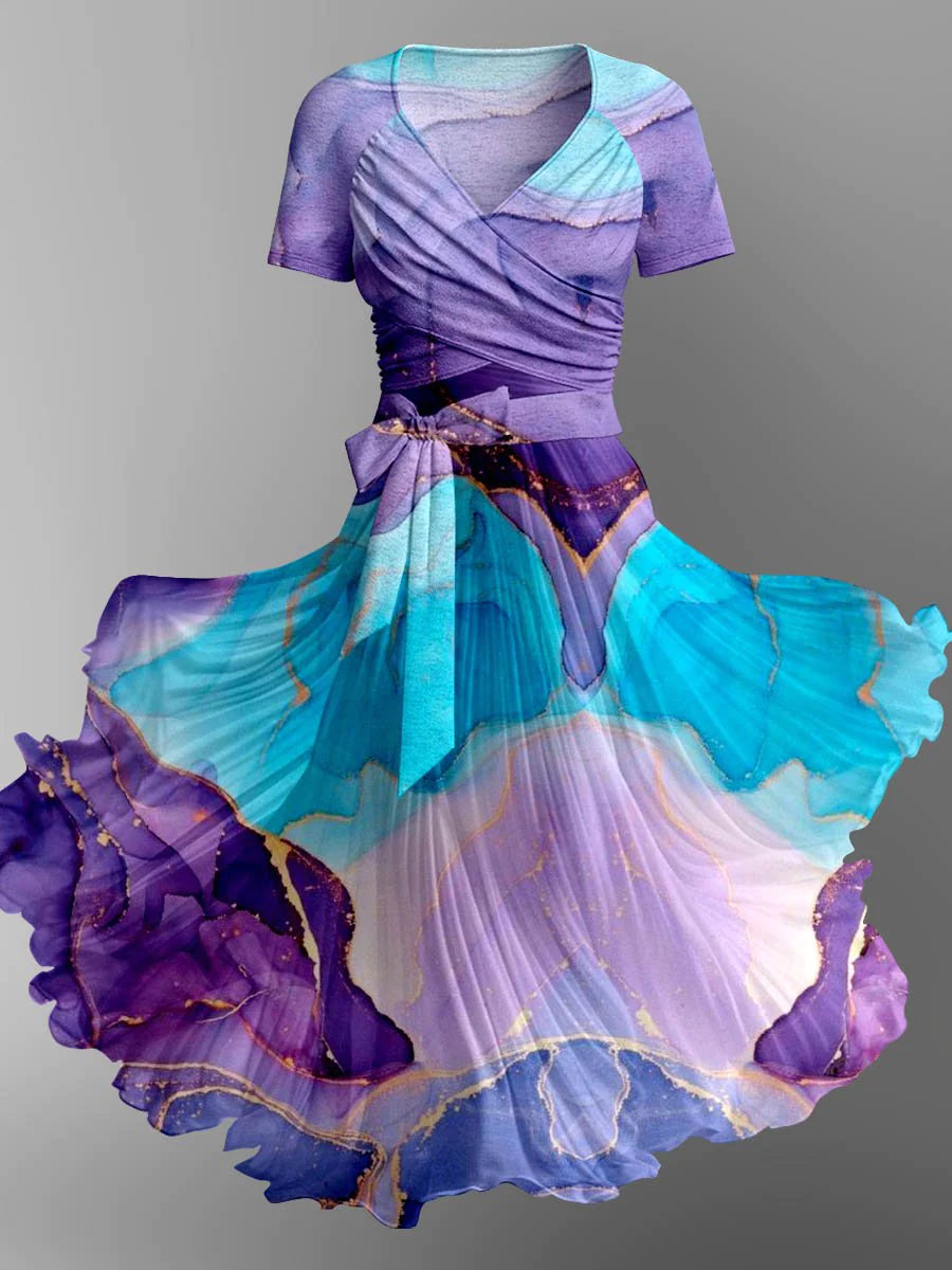 Gold Foil Tie-Dye Art Printed Elegant Vintage Chic V-Neck Strap Short Sleeve Midi Dress