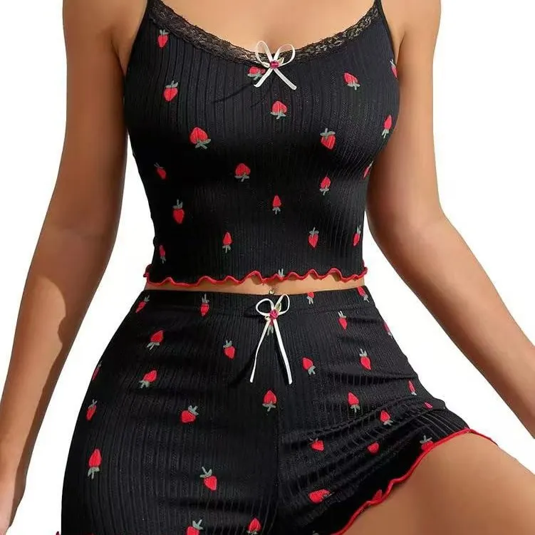 Churchf Summer New Large Print Pit Strip Home Lady Bow Slings Shorts Strawberry Print Two Sets