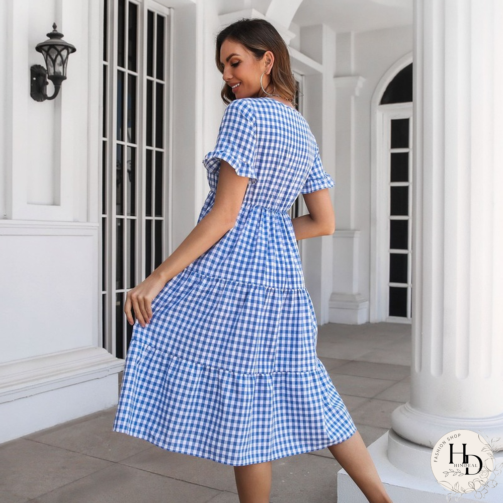 Elegant Fashion Plaid Short Sleeve Dress For Women Dresses New Ruffled V-Neck High Waist Swing A-line Midi Dress