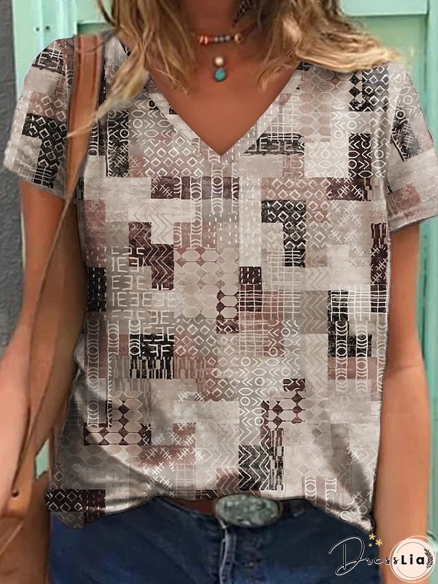 T shirt Tee Blouse Light Coffee Grey Graphic Geometric V Neck Print Short Sleeve Street Casual Tropical Daily Basic V Neck Regular S for Women