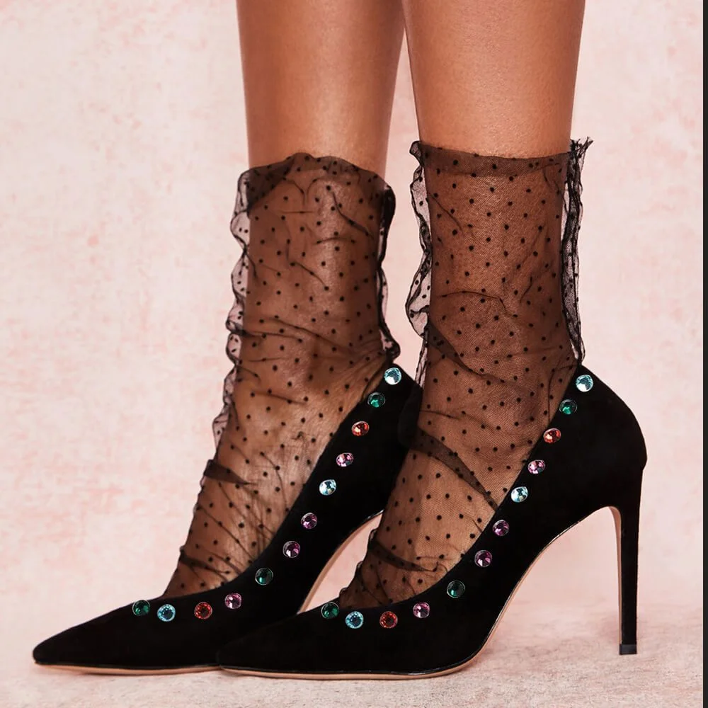 Black Pointed Toe High Heels Rhinestone Lace Heels Stiletto Heels Nicepairs