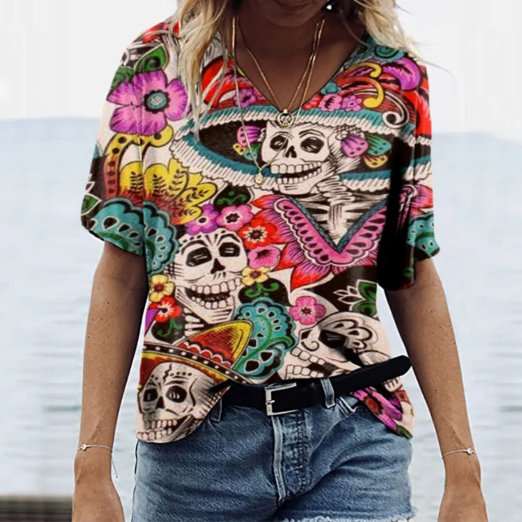 Vefave Floral Mexican Skull Short Sleeve T-Shirt