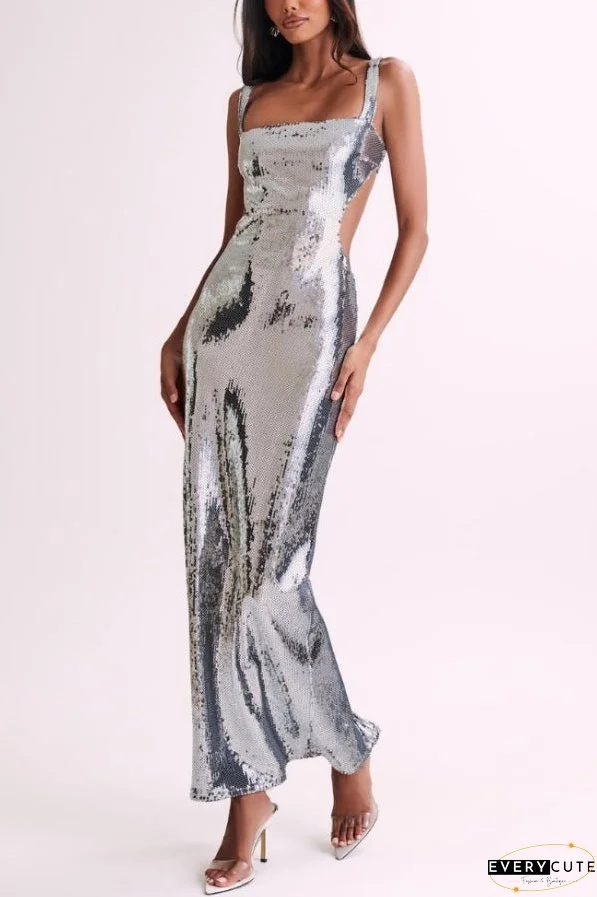 Slim Fit Square Neck Halter Backless Maxi Dress