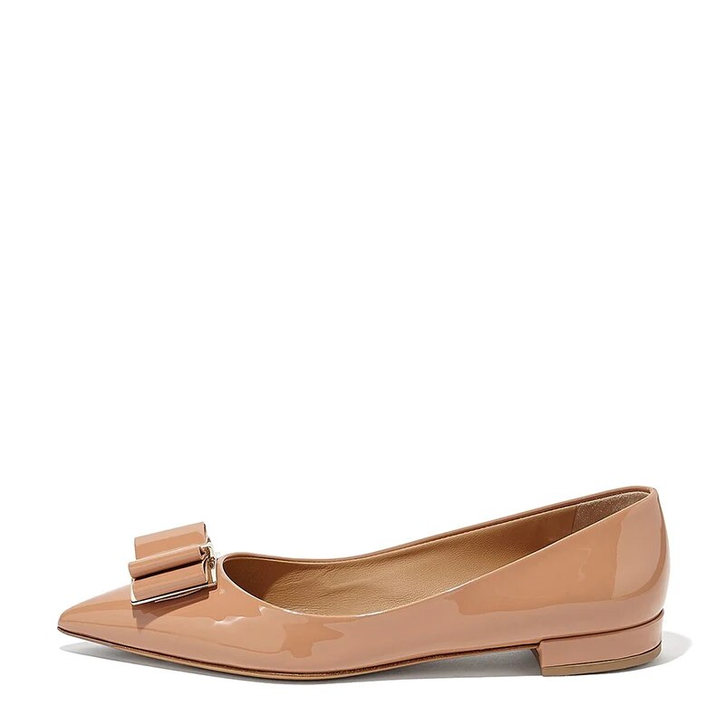 TAAFO Dark Pink Leather Basic Women's Flats Butterfly-Knot Low Square Heels Pointed Toe Lady Office 