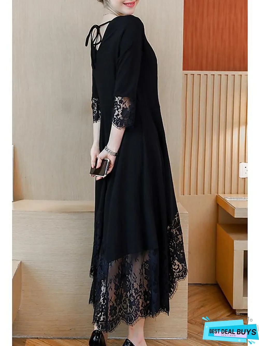 Womens A-Line Dress Maxi Long Sleeve Black Solid Colored Lace Trims Spring Fall Neck Plus