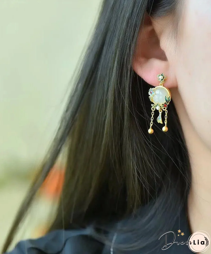 Modern Green Floral Sterling Silver Inlaid Hetian Jade Agate Pearl Drop Earrings