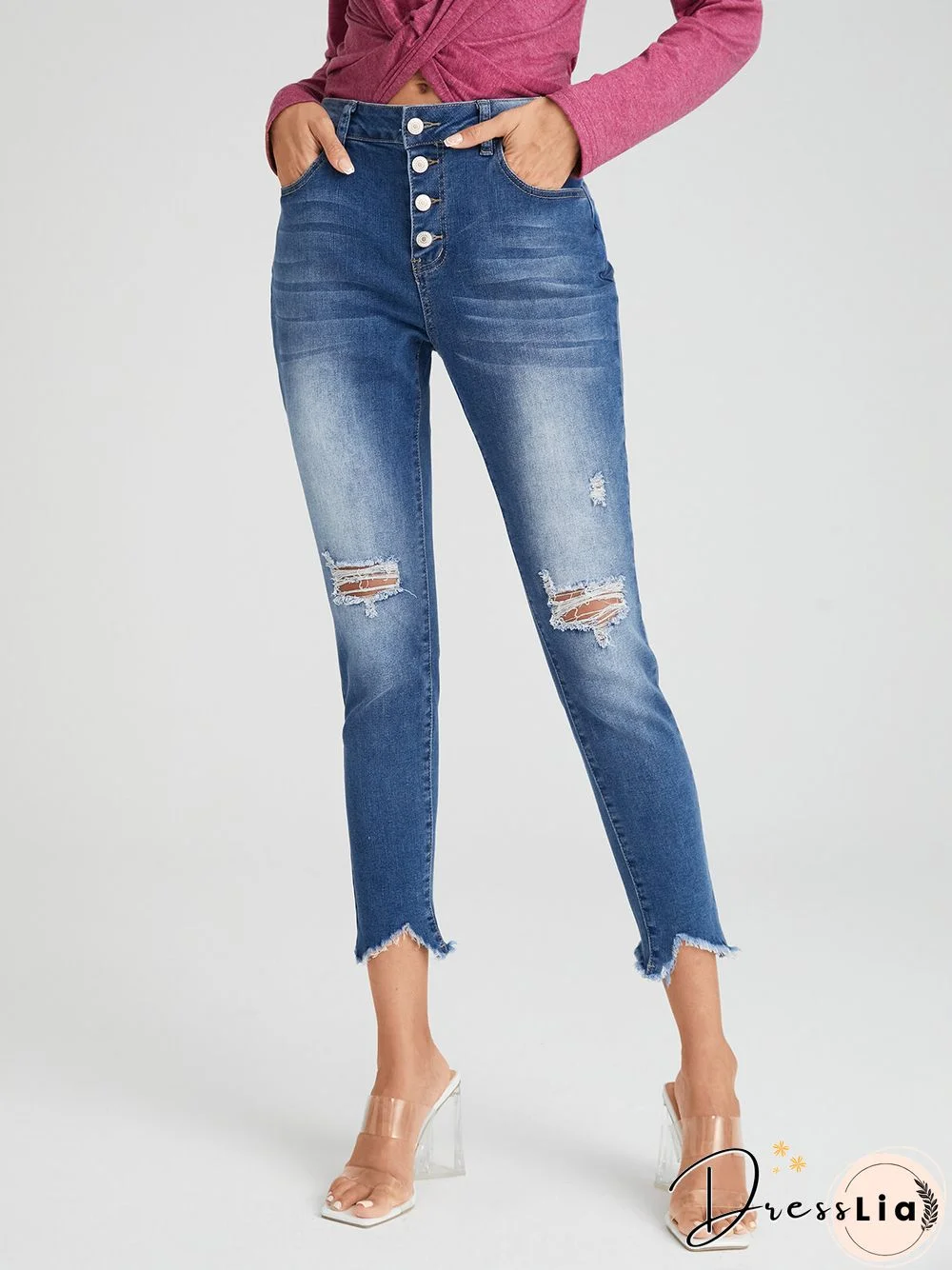 Ripped Washed Button Fly Pencil Jeans With Pocket