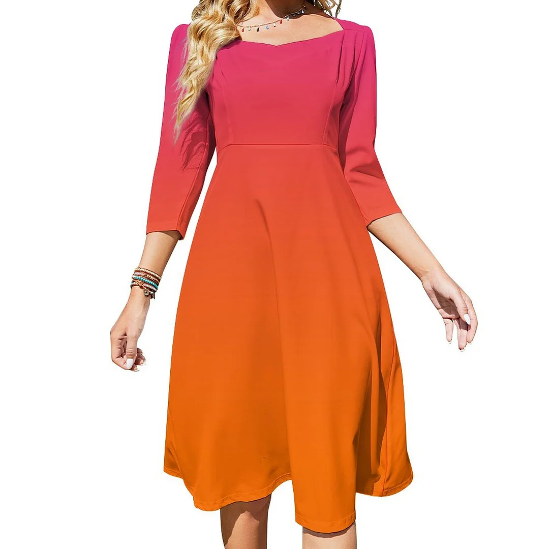 Pink And Orange Ombre Dress Sweetheart Tie Back Flared 3/4 Sleeve Midi Dresses