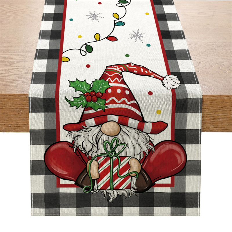 Tegooe Buffalo Plaid Christmas Table Runner with Gnome Print